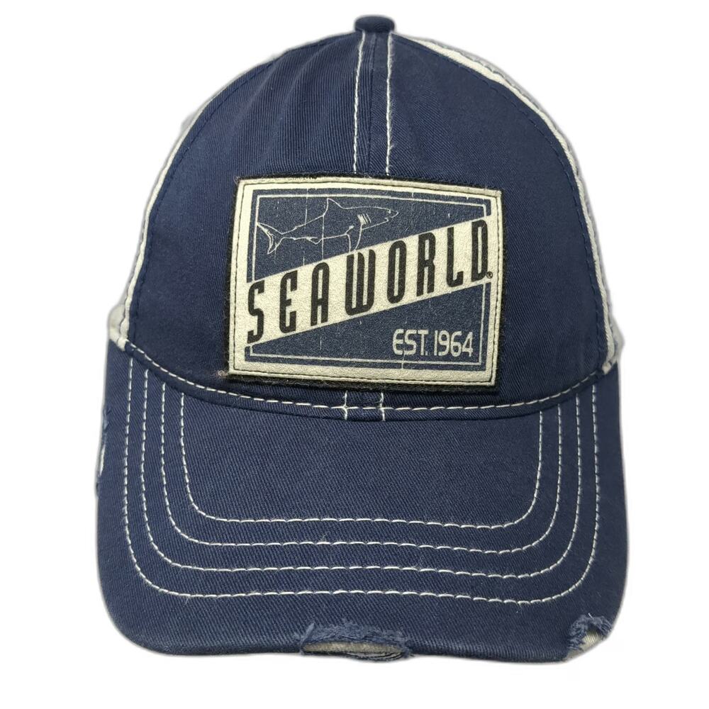SeaWorld Baseball Cap Blue One Size Distressed Shark Patch Two Tone Hat